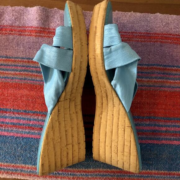 Vintage Italian Shoemakers Wedge Sandals Size 8 Blue Fabric Cork 90s Y2K - Picture 5 of 11